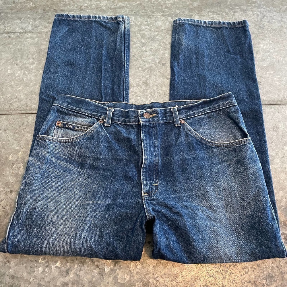 Vintage Lee Jeans Mens 36x29 USA Dark Blue Stonewash Rigid Denim Western 80s 90s